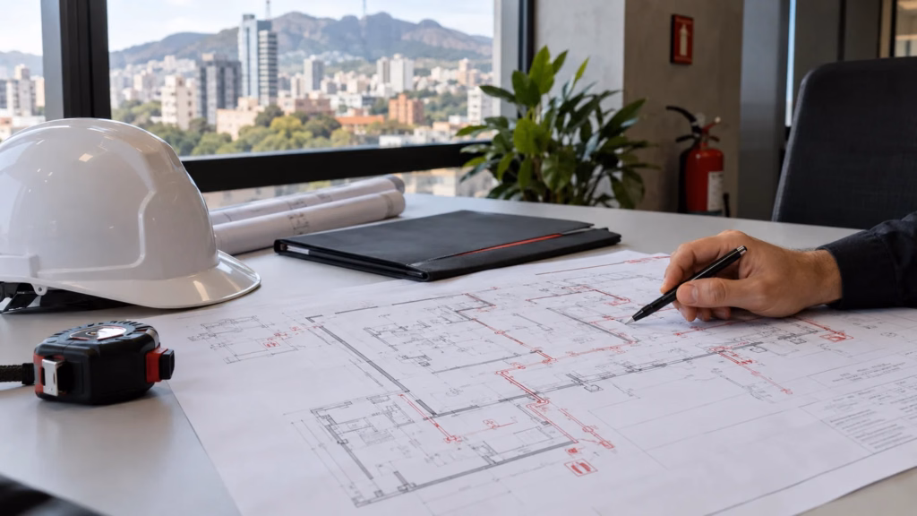 Planta técnica e documentos para análise de regularização da edificação.