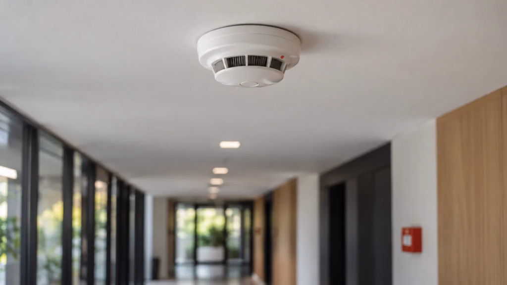Detector de fumaça instalado no teto de um corredor comercial.