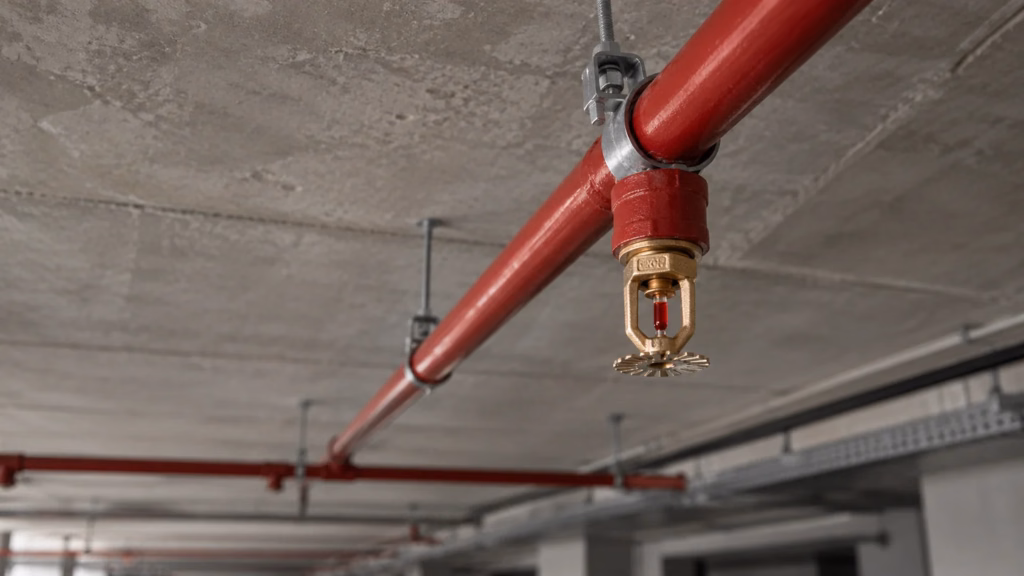 Detalhe de sprinkler pendente com ampola de vidro instalado em tubulação vermelha.