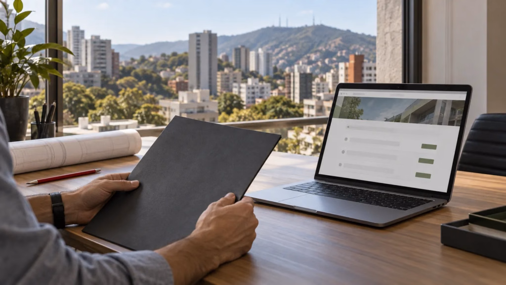 Cena ilustrativa de organização de documentos de imóvel e consulta online em notebook.