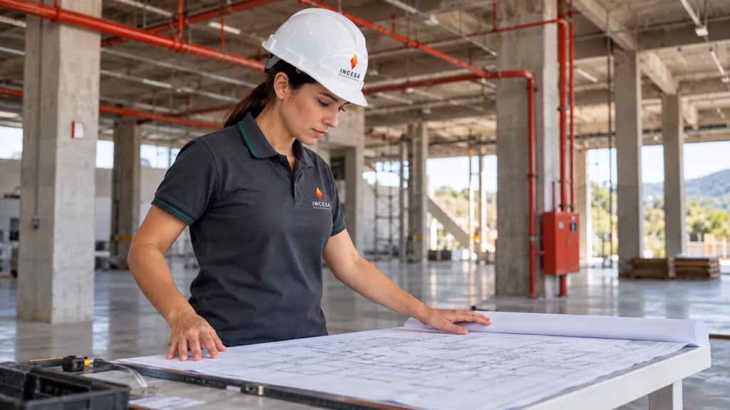 Cena ilustrativa de engenheira com uniforme e capacete INCESA analisando projeto
